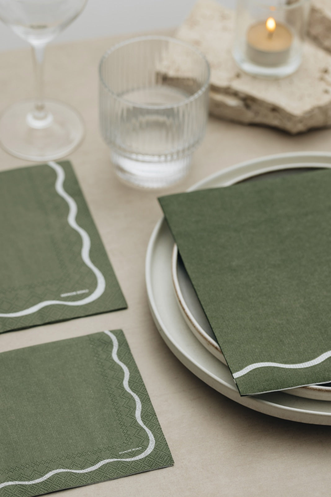 Manor Road Linen Scallop Olive & White Luncheon Napkins