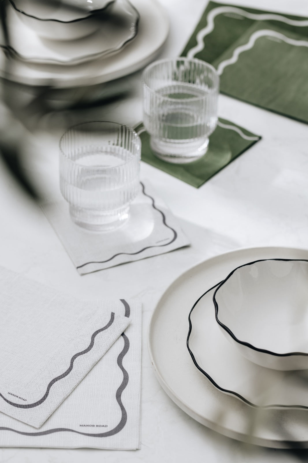 Manor Road Linen Scallop White & Black Cocktail Napkins