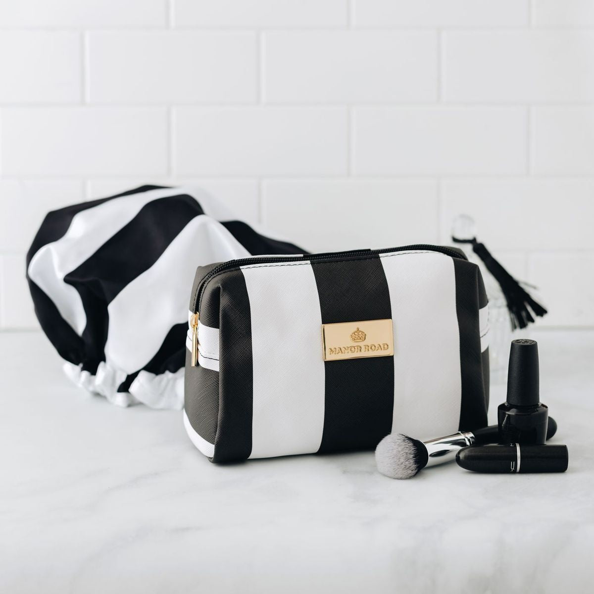 Manor Road Black & White Stripe Shower Cap