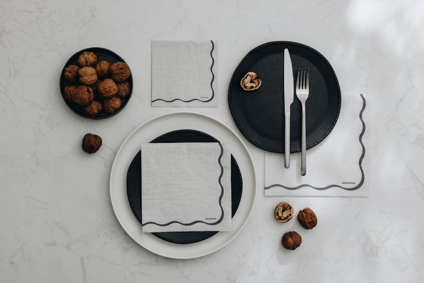 Manor Road Linen Scallop White & Black Cocktail Napkins