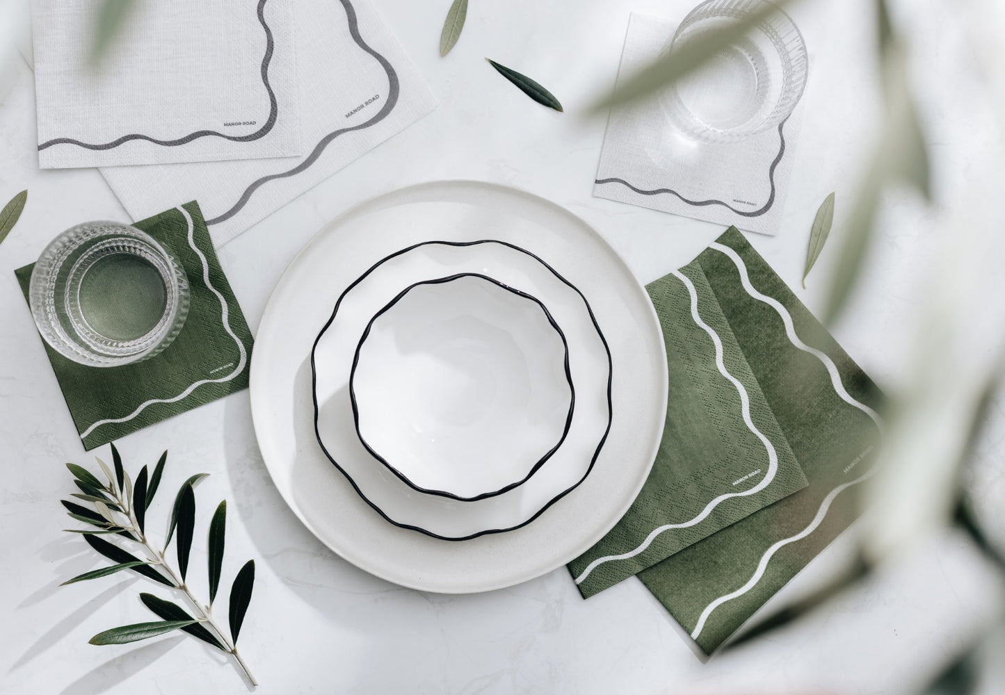 Manor Road Linen Scallop Olive & White Luncheon Napkins