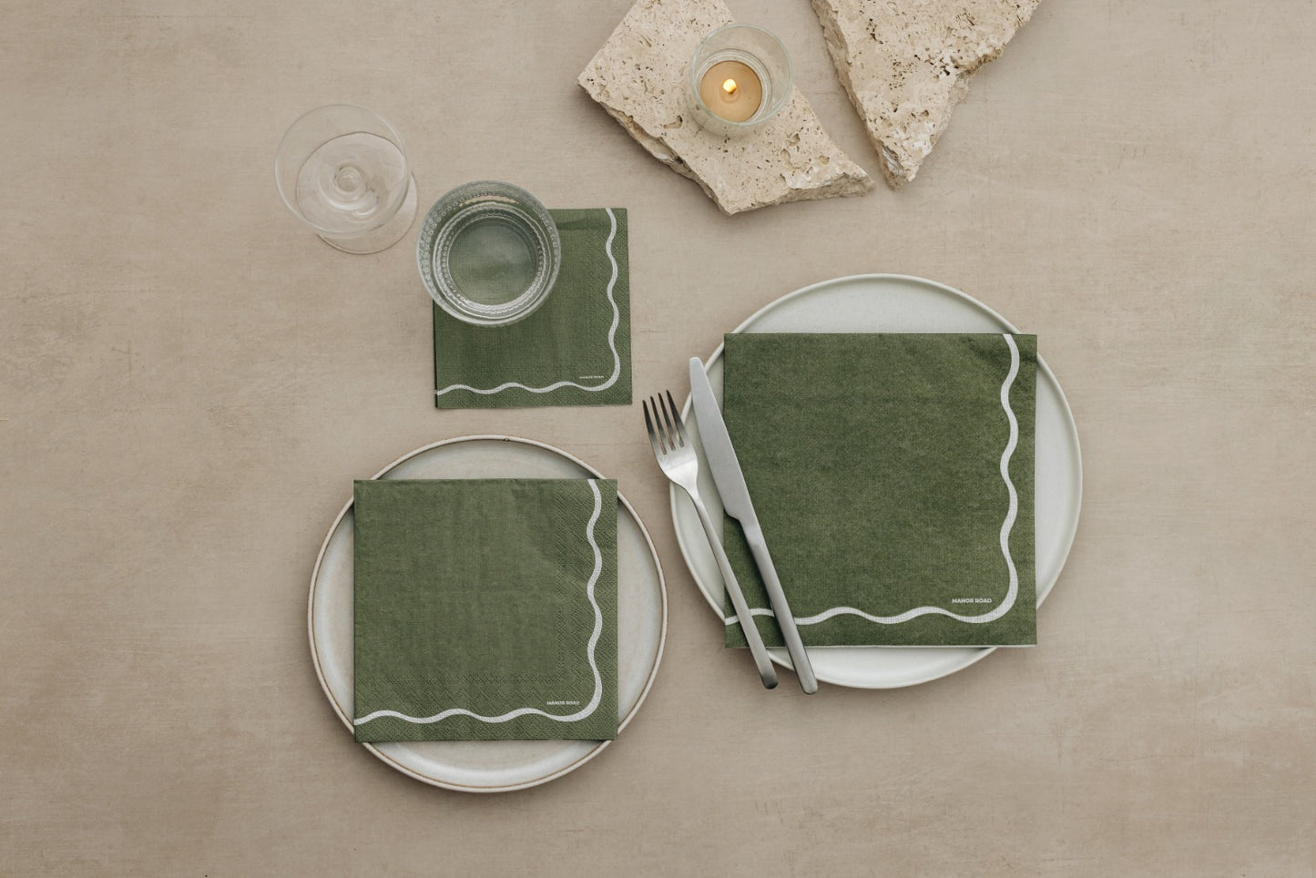 Manor Road Linen Scallop Olive & White Luncheon Napkins