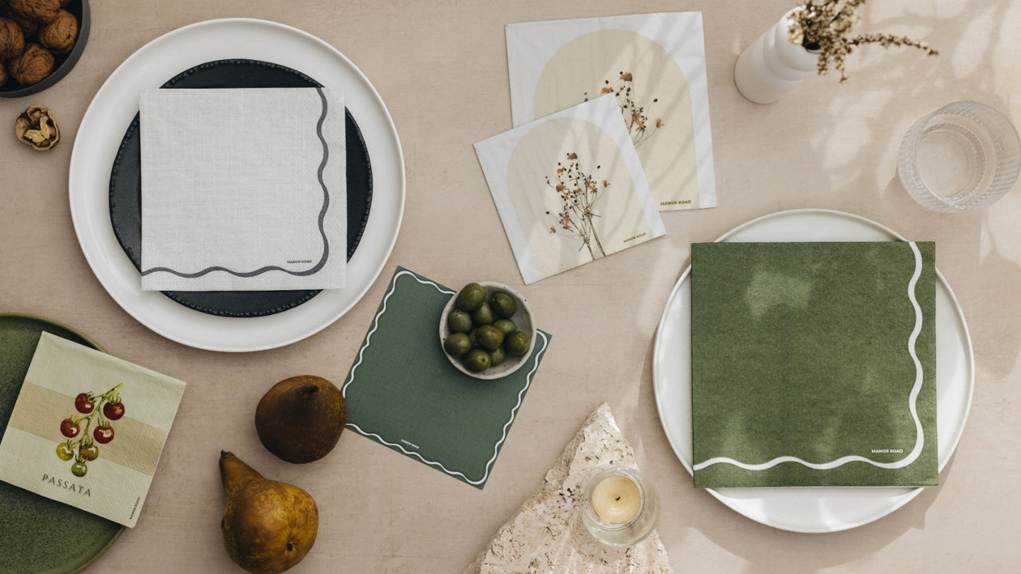 Manor Road Linen Scallop Olive & White Luncheon Napkins