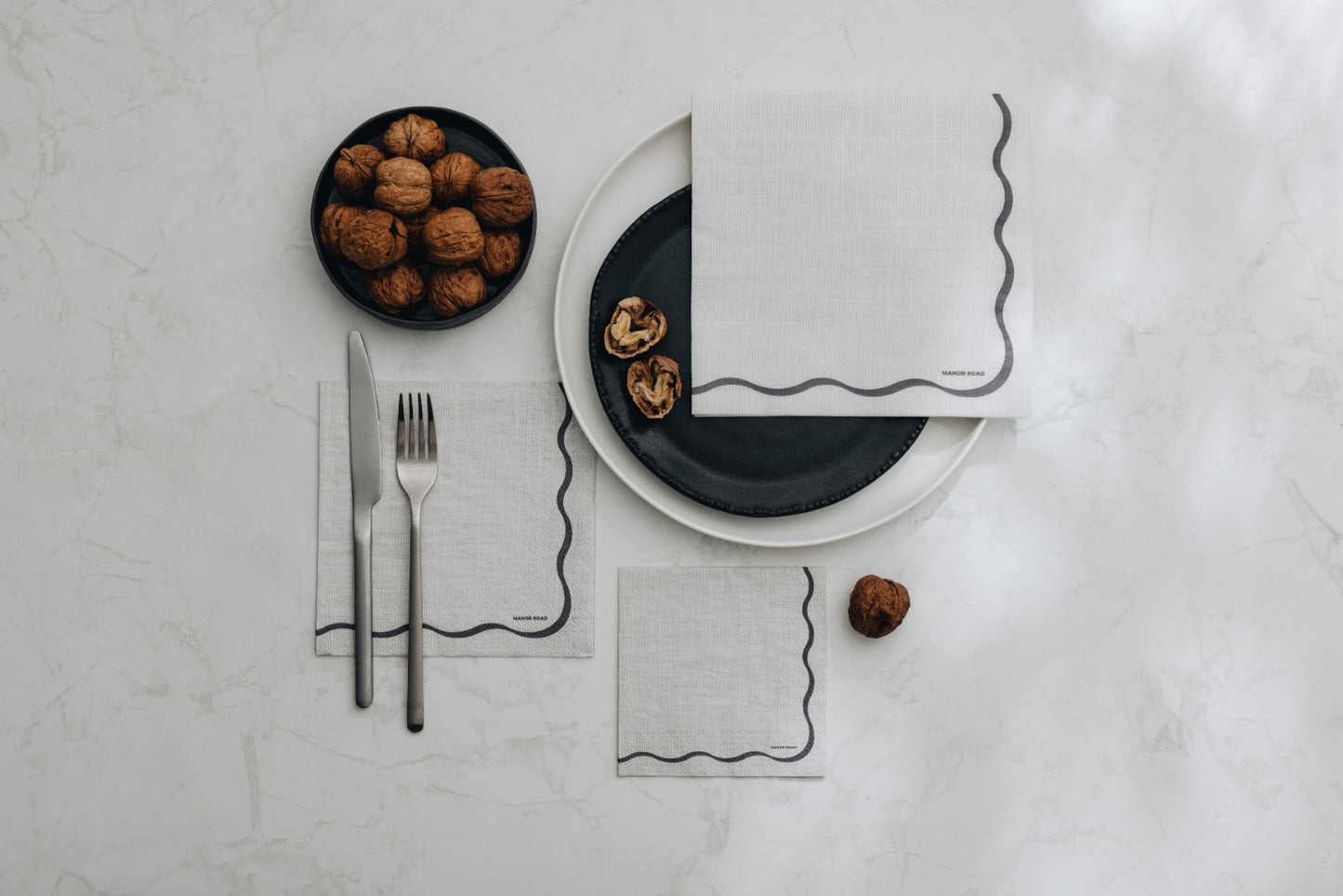 Manor Road Linen Scallop White & Black Cocktail Napkins