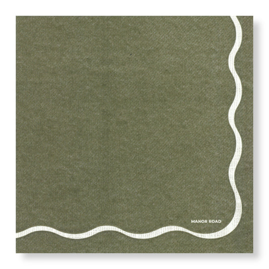 Manor Road Linen Scallop Olive & White Dinner Napkins