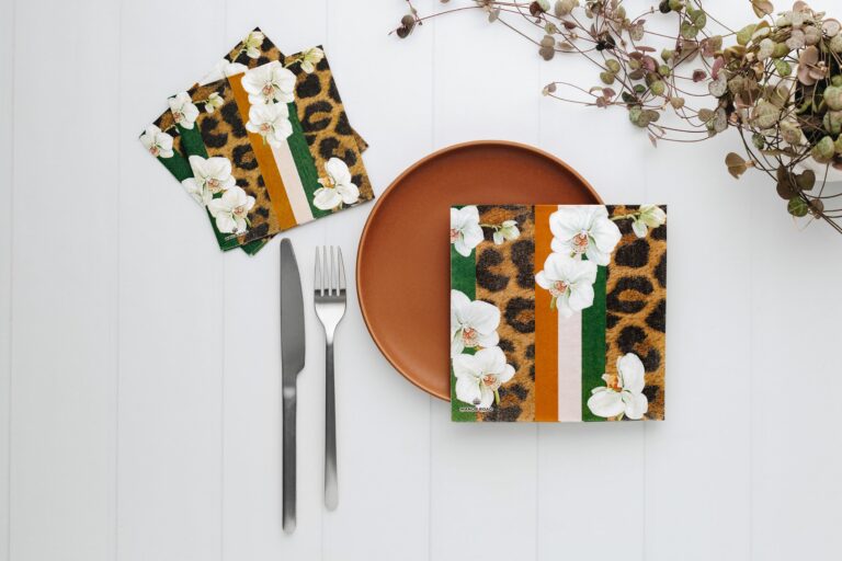 Manor Road White Orchid & Leopard Luncheon Napkins